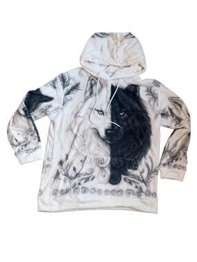 Wolf Graphic Plush Hoodie Sweatshirt Size L